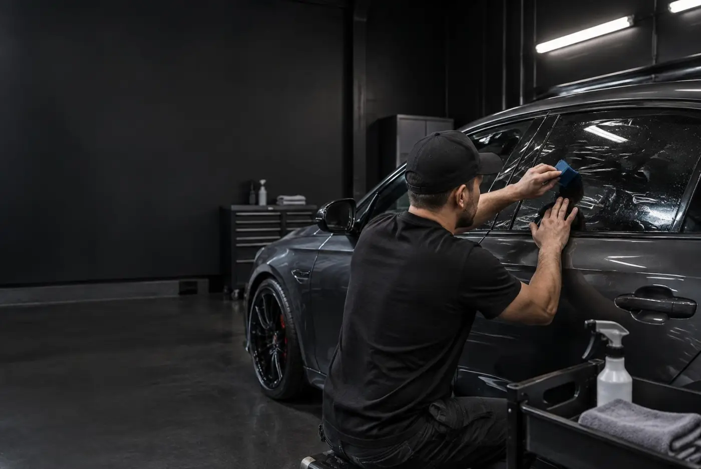 OC Tint installer applying window film